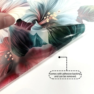 Detail of colorful floral wall sticker showing adhesive backing and removable texture