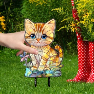 Cute orange tabby cat garden stake decor with blue eyes in colorful stained glass style