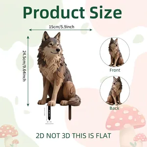 Size guide for a 2D flat wolf garden stake ornament with front and back view details