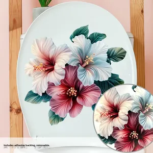 Detail showing self-adhesive floral toilet lid stickers with colorful hibiscus flowers