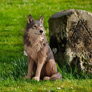 Detailed wolf statue for garden decor featuring realistic wood-like texture on lush green grass