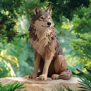 Close-up of decorative wolf garden stake with detailed wood grain and forest background