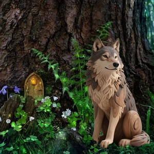 Artistic wood texture wolf garden stake sculpture in a mystical forest setting