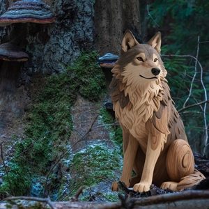 Detailed realistic wolf garden stake with brown fur texture in a forest setting