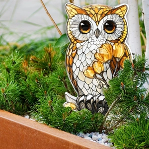 Flat owl garden stake with colorful stained glass effect and tulip patterns