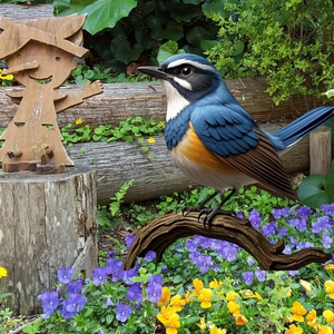 Garden bird stake ornament with blue and orange feathers on natural wood stand