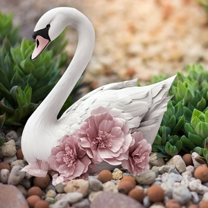 Elegant white swan garden stake with pink flowers and detailed feather texture for decor