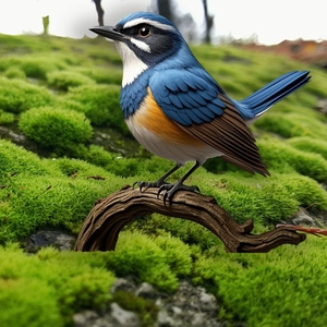 Detailed close-up of realistic blue bird garden stake sculpture on green mossy branch