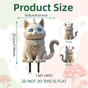 Flat 2D cat garden stake with crown and pocket watch detail, 20.2cm total height