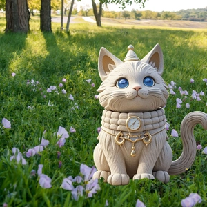 Detailed close-up of a decorative fantasy cat resin stake with blue gem eyes in a garden