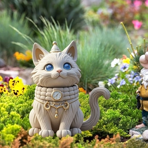 Detailed garden cat statue with blue eyes and gold accents on a natural grass background