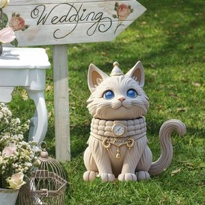 Detail of grey cartoon cat garden statue with clock necklace on green grass sunny lawn