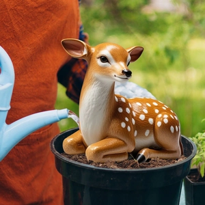 Lifelike sika deer garden resin ornament in black flower pot with gardening scene background