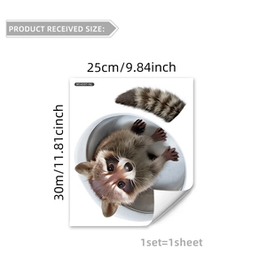 Detail view of cartoon raccoon toilet sticker with size specifications 25cm x 30cm
