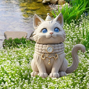 Macro shot of stone-textured cat garden ornament with blue eyes and gold clock detail