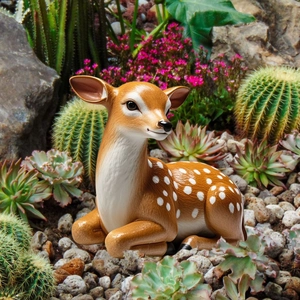Detailed view of a miniature spotted fawn deer figurine in a succulent garden setting