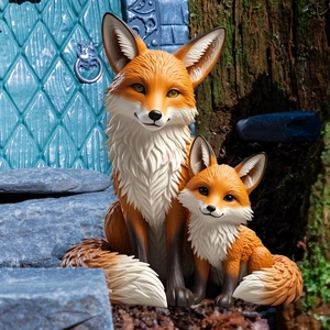 Detailed fox family garden stake figurines featuring realistic fur texture and design