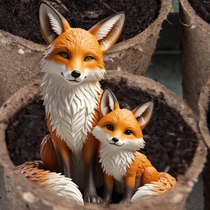 Close-up detail of cartoon fox garden stakes with realistic fur texture and vivid colors