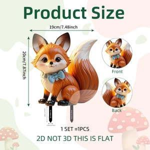 Detailed size specifications for 2D fox garden stake with double-sided cartoon design