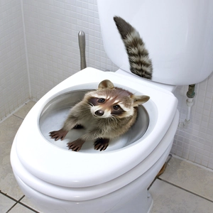 Creative 3D raccoon toilet wall sticker set with realistic fur texture and humorous 3D effect