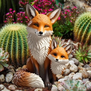 Close-up of lifelike fox garden statues with detailed fur texture in a lush mini garden