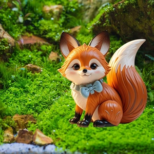 Close-up of a cute orange fox garden stake with a blue bow in a lush green forest