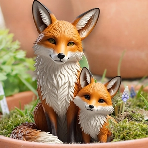 Detailed close-up of lifelike orange fox garden statues in a green mossy pot