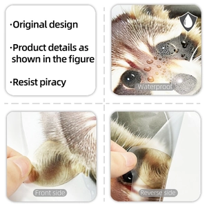 Detail of waterproof raccoon wall sticker showing translucent material and adhesive backing