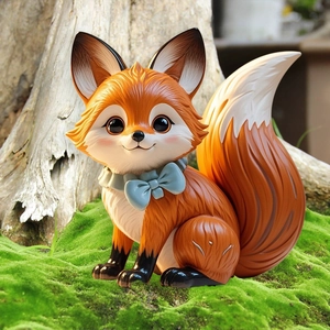 Detail of cartoon fox garden stake with blue bow tie on natural moss background