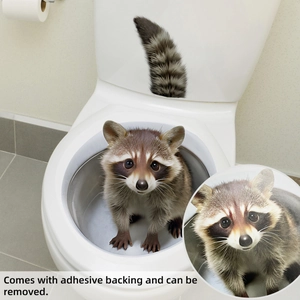 Detailed view of 3D raccoon toilet sticker with realistic fur texture and self-adhesive back