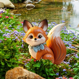 Detailed view of a cute cartoon fox garden stake ornament placed near a garden pond