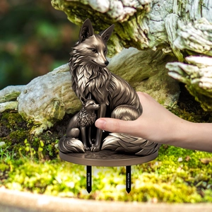 Detailed bronze fox mother and cub garden stake sculpture for outdoor lawn decoration