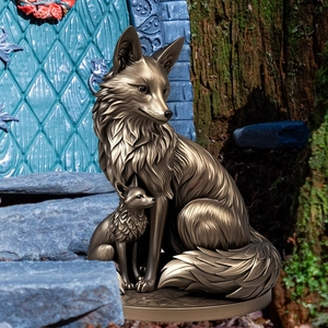 Detail of bronze fox and cub garden statue with textured fur in forest setting