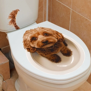 Detail of 3D creative puppy toilet sticker showing a brown dog peeking out of the lid