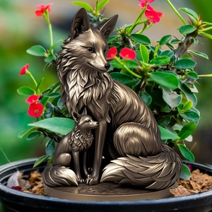 Detailed bronze-colored fox mother and cub statue nestled in a decorative garden pot
