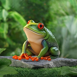 Statua da giardino a forma di rana dagli occhi rossi con texture e colori realistici