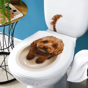 Detail showing 3D funny brown poodle toilet stickers in a modern bathroom setting