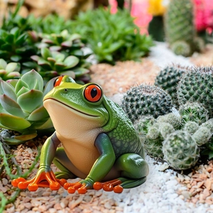 Dettaglio di un picchetto da giardino a forma di rana dagli occhi rossi tra le piante