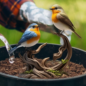 Detailed view of lifelike blue and green resin bird statues on a realistic wood base