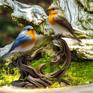 Garden ornaments featuring two realistic birds on a spiral wood base for outdoor decor
