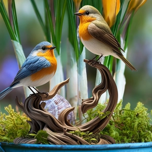 Realistic bird garden stakes featuring lifelike blue and orange birds on wood base