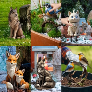 Pastoral Animal Garden Stakes PVC Wolf Fox Cat Bird Decorative Outdoor Yard Art Ornaments For Courtyard Flowerpot Lawn Garden Decor