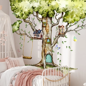 Creative watercolor tree house wall sticker with swing for nursery room wall decor