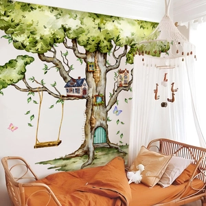 Watercolor tree house and swing wall decal for children's bedroom wall decor