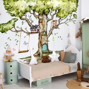 Detail of treehouse wall sticker with swing and butterflies for nursery decor