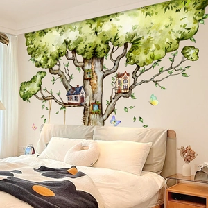 Creative watercolor treehouse wall sticker with a swing for a child's bedroom background