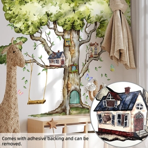 Detail of treehouse wall sticker showing watercolor texture and adhesive backing quality