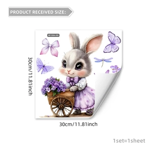 Détail du sticker mural lapin de 30x30cm avec fleurs et papillons violets décoratifs
