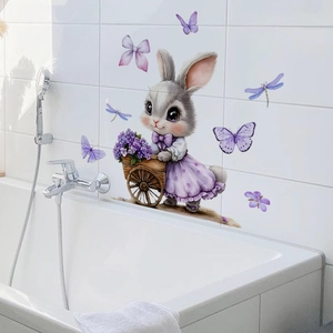 Sticker mural lapin mignon avec chariot de fleurs pour décor de salle de bain