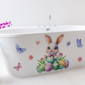 Stickers de Pâques avec lapin et œufs à l'aquarelle décorant une baignoire blanche